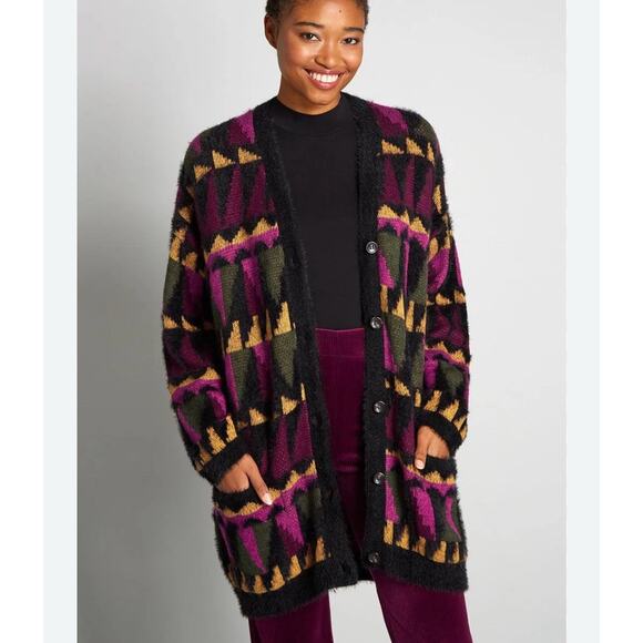 Modcloth Sweaters - ModCloth Sweater Women 2X Multicolor Geometric Fuzzy Grandpa Boho Long Cardigan